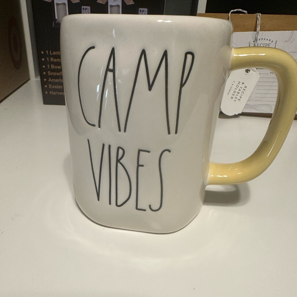 White w/ yellow handle CAMP VIBES cup